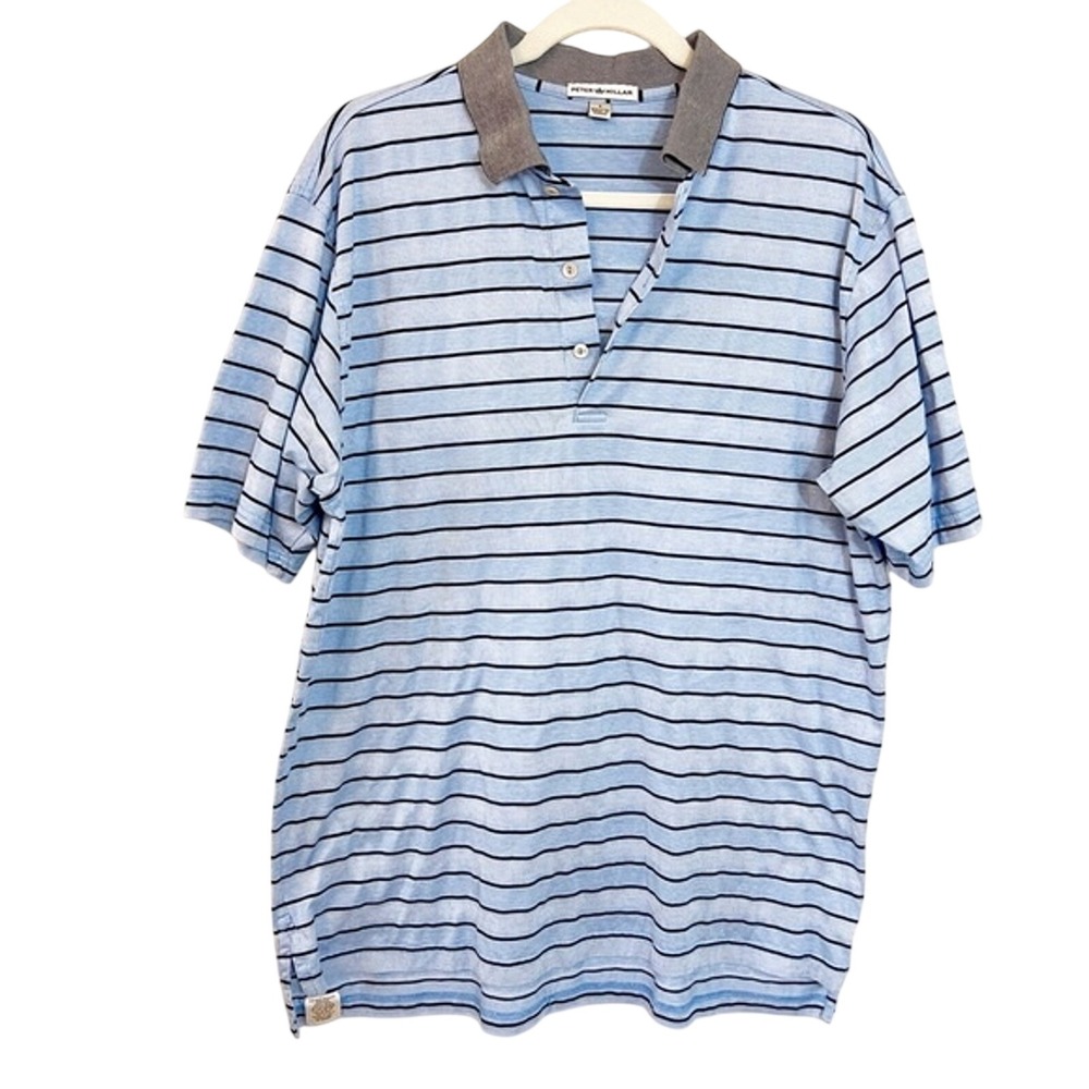 Peter Millar Mens Large Light Blue Striped 100% Cotton Short Sleeve Polo Shirt